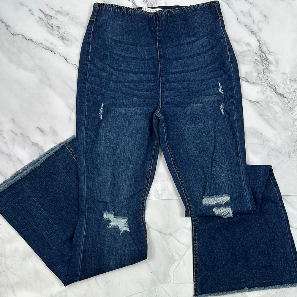 Tinseltown Blue Flare Leg Jeans with Distressed Details
